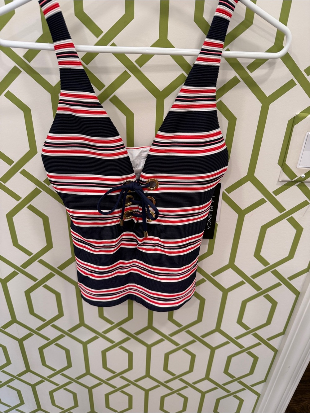 La Blanca Navy, Red & White Striped Lace-Up Tank